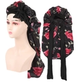 Bonnet de nuit long en satin noir avec motifs roses rouges et un grand nœud frontal - Double Couche Floral Noir Rouge