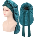 Bonnet de nuit long en satin vert émeraude avec ruban ajustable pour protéger les cheveux - Double Couche Sarcelle et Noir