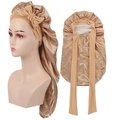 Bonnet de nuit long en satin doré champagne avec large bandeau à nœud élastique - Double Couche Or et Beige