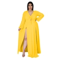 Detail of a bright yellow V-neck dress featuring front drawstring ruching and high slits - 3XL / Yellow