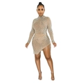 Sexy sheer mesh mini dress with pearls, sequins, long sleeves and fringe trim in beige - S / Apricot