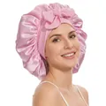 Pink satin hair bonnet for women with elastic band and decorative bow detail - Light Pink Cross Sleep Bonnet