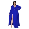 Close-up of royal blue V-neck plus size dress featuring waist cut-out and high slit detail - 1XL / Blue