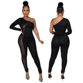 Women's black one-shoulder jumpsuit with sheer mesh panels and sparkling rhinestones - S / Black
