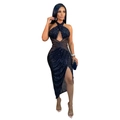Detail of black sequined party dress with halter neck, cutout and mesh waist patchwork - Dark Blue