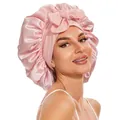 Pink satin hair bonnet with front bow detail for hair care and sleeping - Blush Pink Crisscross Sleep Cap