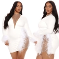 White long sleeve mini dress with sparkling rhinestones and white feather trim - White