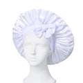 White satin sleep cap with large decorative bow and elastic band for hair protection - White Cross Sleep Bonnet