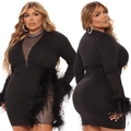 Schwarzes Plus-Size-Bodycon-Kleid mit funkelnden Strasssteinen und elegantem Federbesatz - 1XL / Schwarz