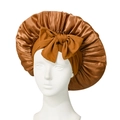 Brown satin sleep bonnet with a large decorative bow and elastic ruched edges - Light Coffee Cross Sleep Bonnet