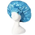 Light blue satin sleep bonnet with front bow and elastic band for hair protection - Lake Blue Cross Sleep Bonnet