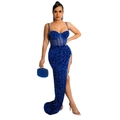Detail of navy blue sequin dress with high slit and sheer corset style bodice - Blue
