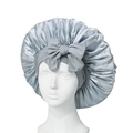 Elastic satin sleep bonnet in light blue with large decorative bow for hair protection - Medium Gray Cross Sleep Bonnet