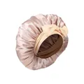 Champagne satin hair bonnet with elegant bow detail and elastic brown headband - Gold Gray Beige Cross Sleep Bonnet