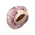 Dusty pink satin sleep bonnet with beige elastic ribbons and decorative front bow - Gold Gray Cross Sleep Bonnet