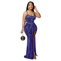 Abito da sera sexy blu reale con paillettes, spacco alto e lunghezza fino a terra - S / Blu