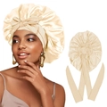 Cuffia da notte in raso color champagne con fiocco grande e lunghi lacci regolabili - Taglia unica / Beige