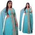 Elegant lake blue pearl chiffon kaftan dress with golden embroidery and long fringe sleeves - Light Blue