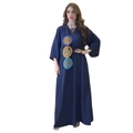 Dark blue V-neck kaftan dress with sequin circles and loose sequin embroidery - S / Blue