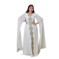 Detailed close-up of golden floral embroidery on the white chiffon evening dress - White
