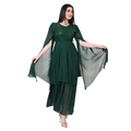 Elegant dark green sequined long evening dress with cape sleeves and a matching belt - M / Green