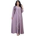Lavender loose maxi abaya dress with silver vine embroidery and sparkling rhinestone details - Purple