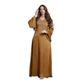 Makrodetail der V-Ausschnitt-Stickerei und Pailletten auf bronze Abaya Maxikleid - S / Gelb