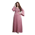 Detail von malvenfarbenem V-Ausschnitt Abaya-Kleid mit Pailletten und Glockenärmeln - S / Rosa