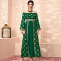 Donkergroene maxi-jurk met blote schouders, gouden etnische patronen en pailletten ceintuur - 2XL / Groen
