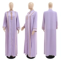 Detailed views of a lavender Jalabiya with gold geometric embroidery and V-neckline - S / Purple