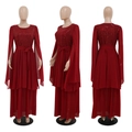 Detailed views of a dark red sequin evening gown featuring elegant cape sleeves and a waist belt - 2XL / Red