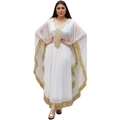 Robe caftan marocaine blanche avec broderie dorée et détails de longues franges - Blanc
