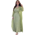 Detail of light green V-neck rhinestone dress with sheer mesh robe and sequin embroidery - Green