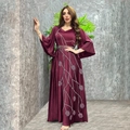 Elegant wine red kaftan dress featuring silver leaf embroidery and wide flare sleeves - S / Burgundy