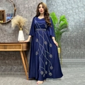 Dark blue satin robe dress with silver leaf sequin patterns and a matching crystal belt - S / Navy Blue