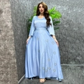 Elegant light blue maxi dress with V-neck, bell sleeves, and silver floral sequins - S / Light Blue