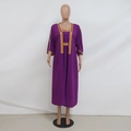 Detail of purple kaftan maxi dress with gold sequin embroidery on neckline and trim - S / Purple