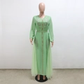 Detail of light green kaftan dress with exquisite crystal beadwork and mesh skirt - Light Green