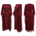 Detailed views of wine red V-neck mesh dress with silver rhinestone wave patterns - Red