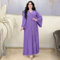 Elegant purple abaya maxi dress with gold floral embroidery and beaded detailing - S / Purple