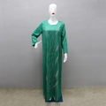 Detail of emerald green long robe featuring silver rhinestone wavy patterns on satin fabric - S / Green