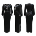 Elegant black long sleeve evening dress with sparkling silver rhinestone trim and side slit - S / Black