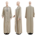 Khaki Jalabiya Muslim robe with floral ribbon trim and loose A-line silhouette - M / Camel