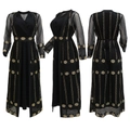Detail of black kaftan dress featuring golden floral embroidery and lace hem - S / Black