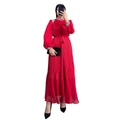 Elegante abito lungo rosso a pieghe con maniche lunghe, paillettes e cintura - 2XL / Rosso