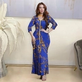 Elegant royal blue long sleeve kaftan dress with gold floral print and crystal V-neck - S / Royal Blue