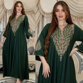 Dark green long maxi dress featuring vibrant colorful floral embroidery and V-neckline - Dark Green
