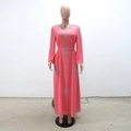 Detail of pink chiffon dress featuring intricate silver rhinestones on sleeve and bodice - S / Pink