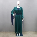 Detail of dark green robe dress featuring long tassels and ethnic geometric patterns - S / Green