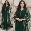 Elegant dark green chiffon kaftan dress with vertical silver sequins and V-neckline - Green